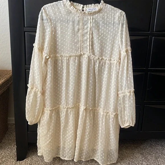SOLUTION Cream off white Swiss Dot Babydoll Dress long sleeve ruffled edges Sz S - Picture 3 of 14
